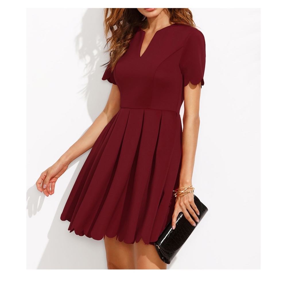 Burgundy Red V Neck Fit & Flare Scallop Dress - Picture 5 of 7